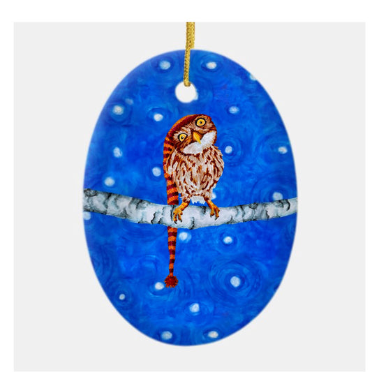 Ceramic Ornament, Snowy Owl with Knitted Cap Home Decor Printify