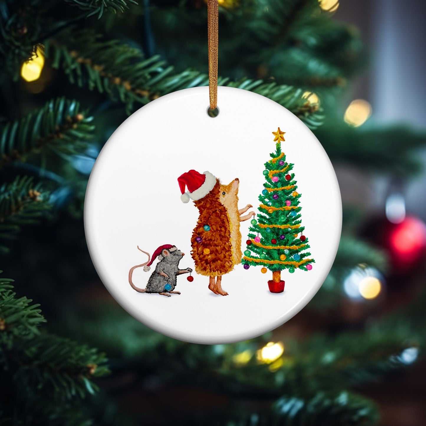 Ceramic Ornaments - Cute Hedgehog and Mouse Christmas Tree Decoration (1pc, 3pcs, 5pcs, 10pcs) Home Decor Printify