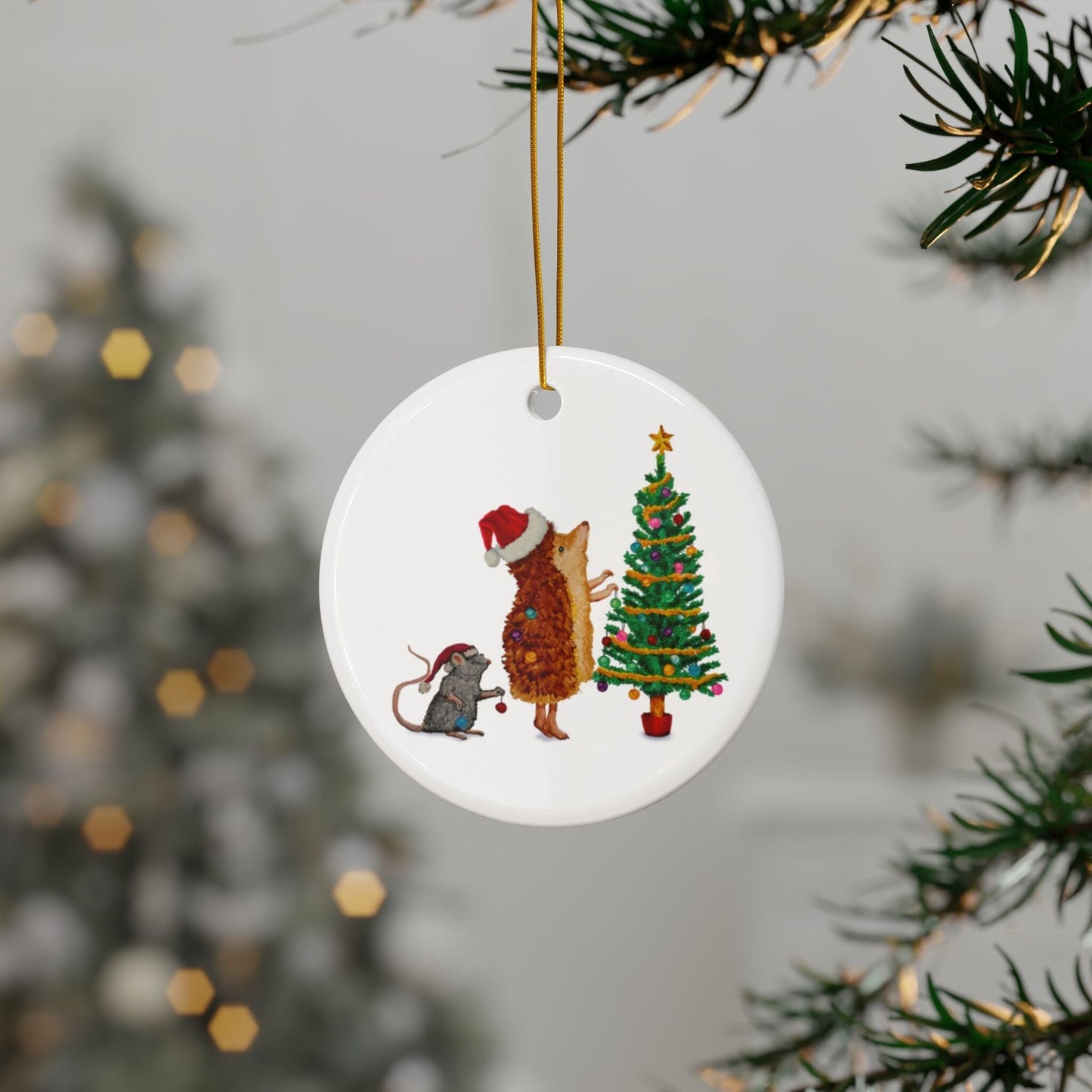 Ceramic Ornaments - Cute Hedgehog and Mouse Christmas Tree Decoration (1pc, 3pcs, 5pcs, 10pcs) Home Decor Printify