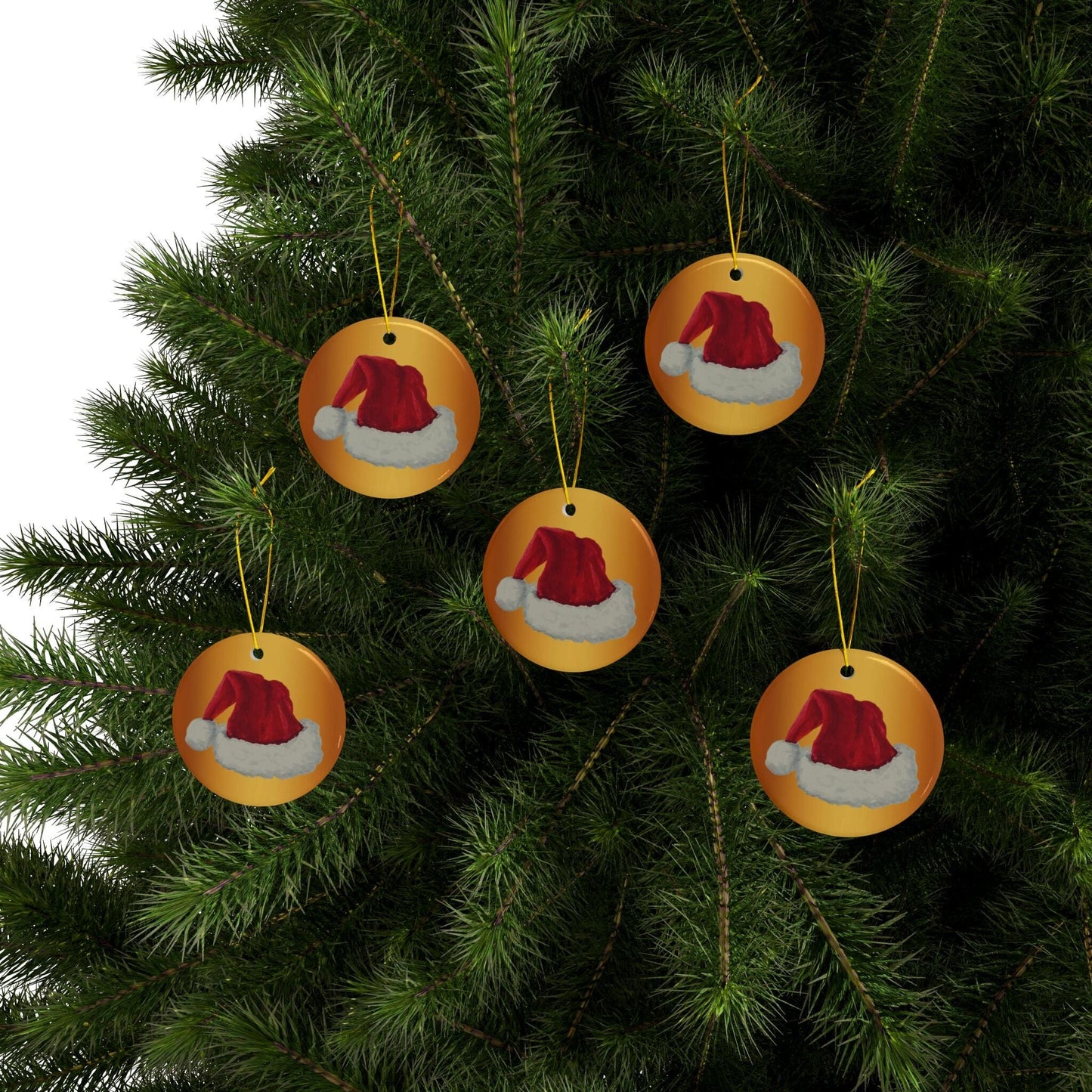 Ceramic Ornaments Santa Hat Gold Background 2-Side Print Home Decor Printify
