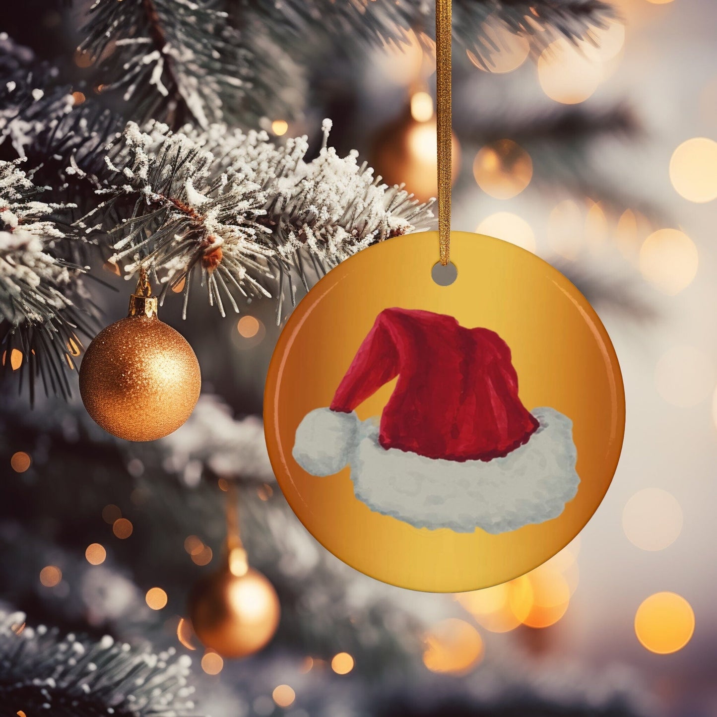 Ceramic Ornaments Santa Hat Gold Background 2-Side Print Home Decor Printify