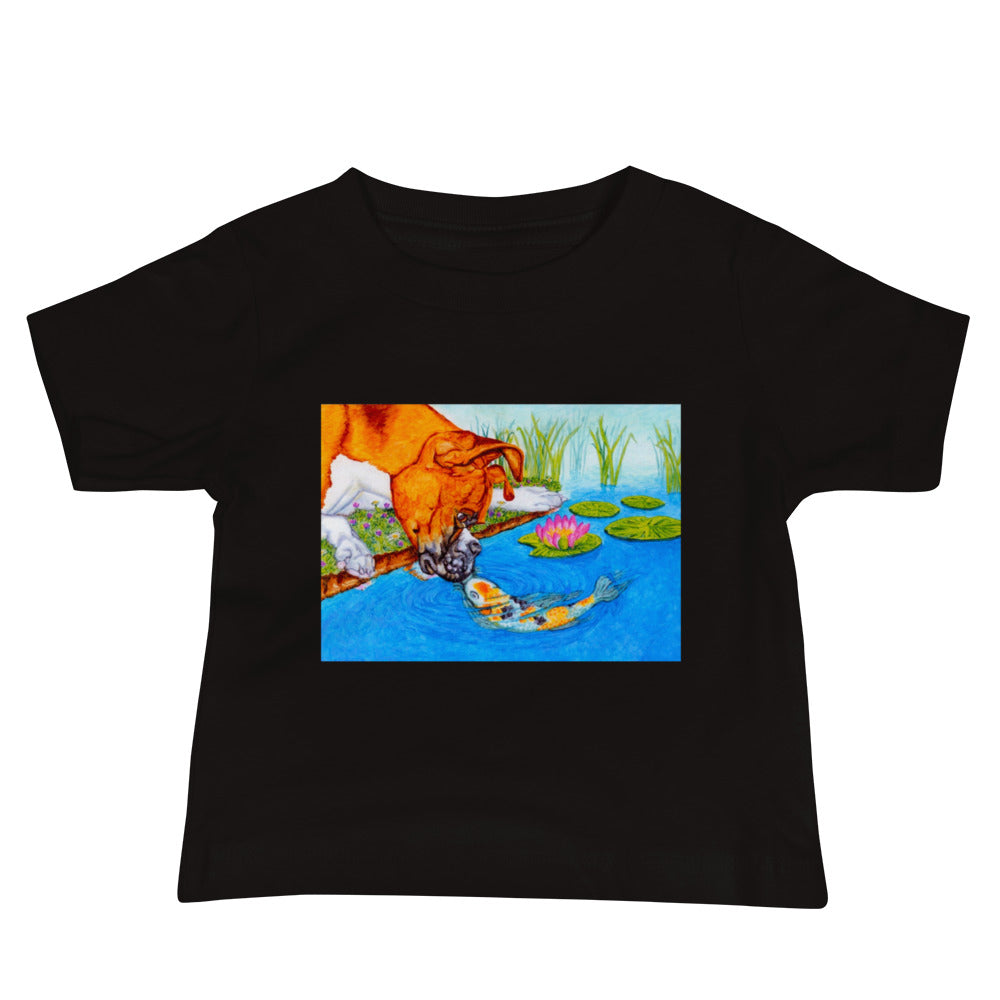 Boxer Puppy and Koi Kiss Baby Jersey Short Sleeve Tee T-shirt Indie Darling Design Black 6-12m