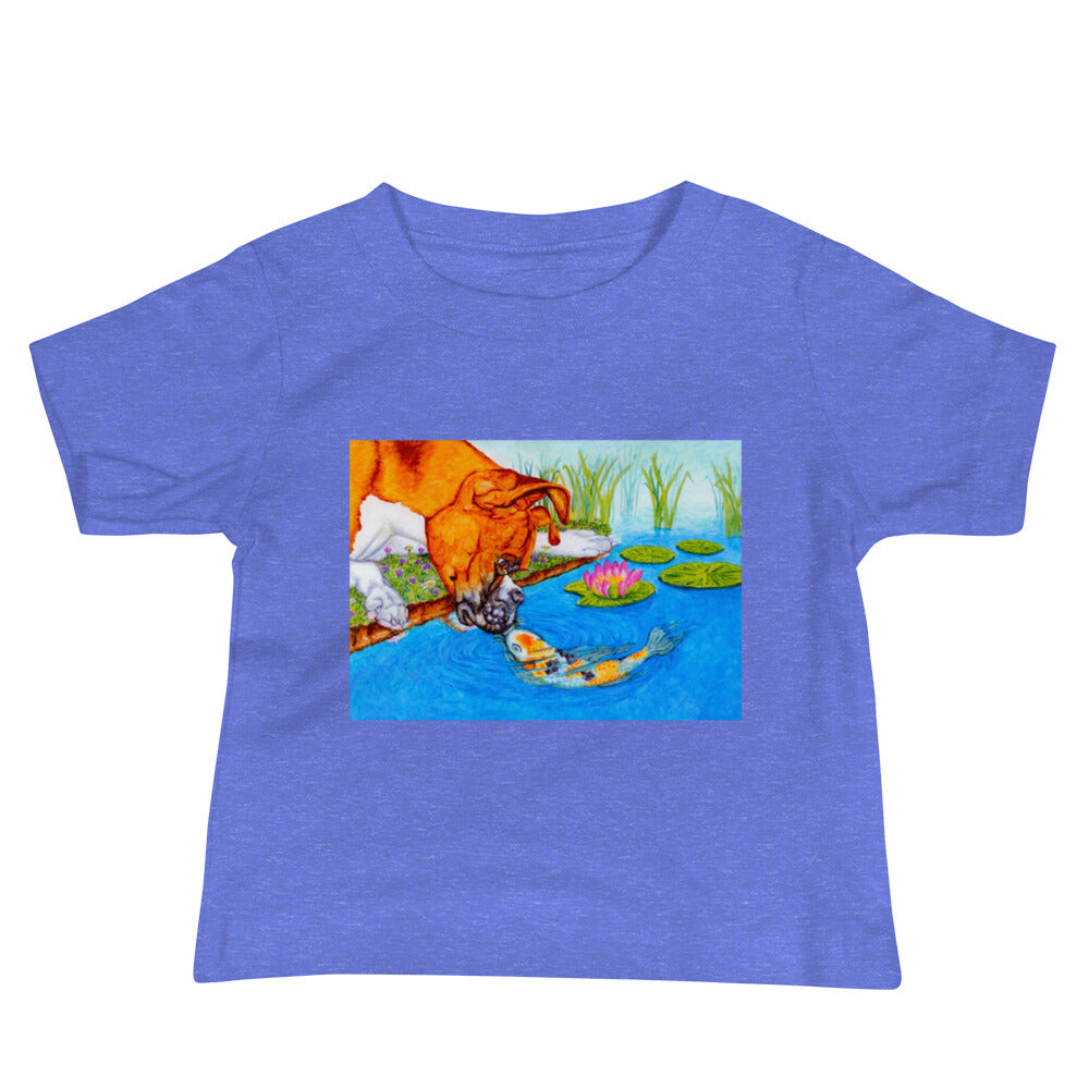 Boxer Puppy and Koi Kiss Baby Jersey Short Sleeve Tee T-shirt Indie Darling Design Heather Columbia Blue 6-12m