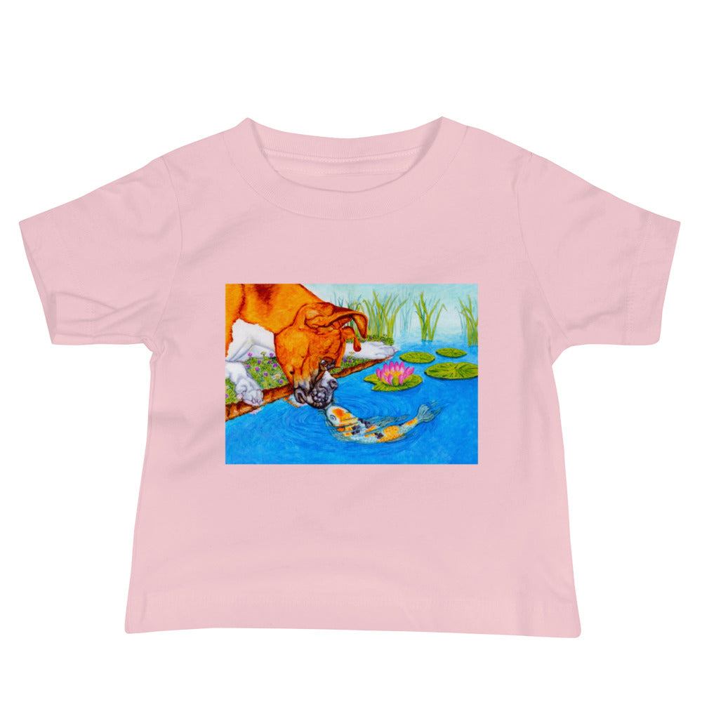 Boxer Puppy and Koi Kiss Baby Jersey Short Sleeve Tee T-shirt Indie Darling Design Pink 6-12m