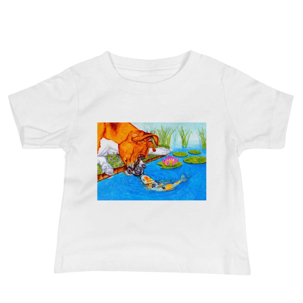Boxer Puppy and Koi Kiss Baby Jersey Short Sleeve Tee T-shirt Indie Darling Design White 6-12m