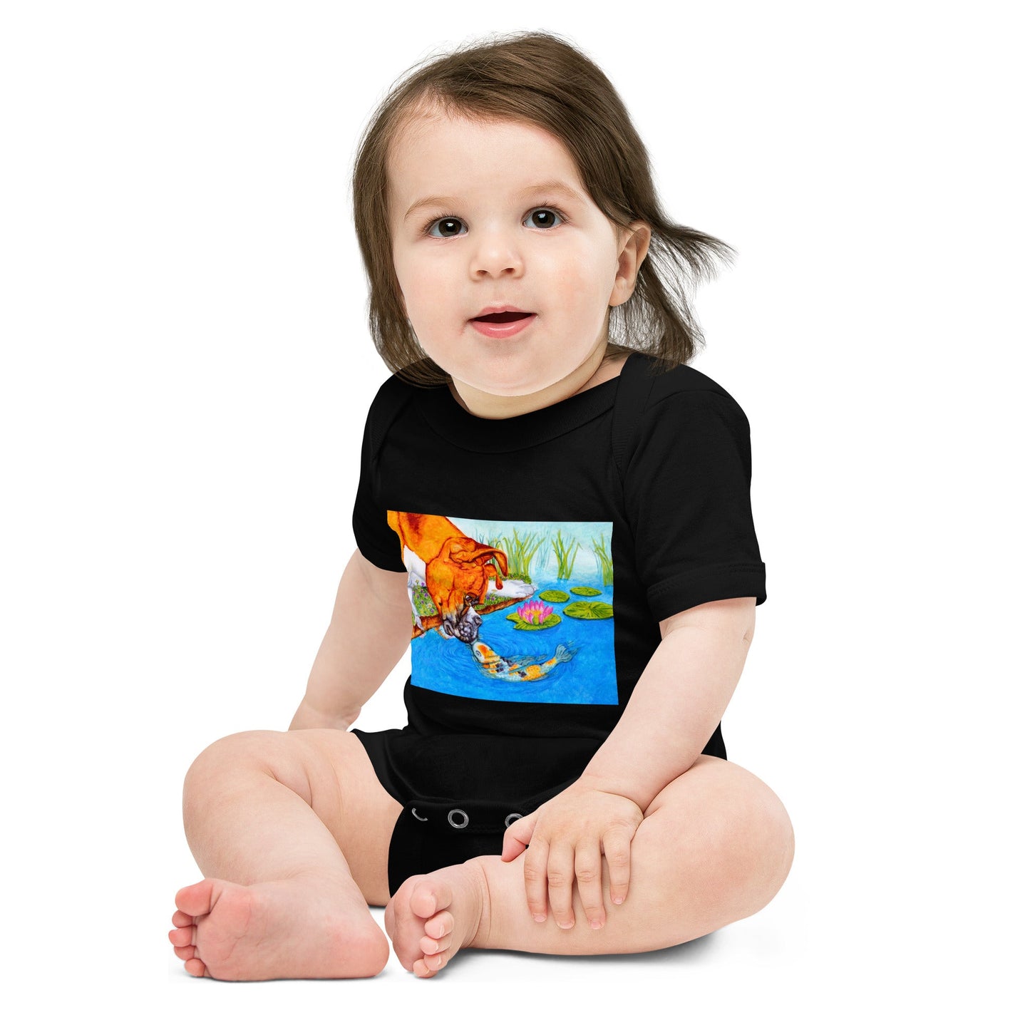 Boxer Puppy and Koi Kiss Baby Short Sleeve One Piece Baby One-Pieces Indie Darling Design
