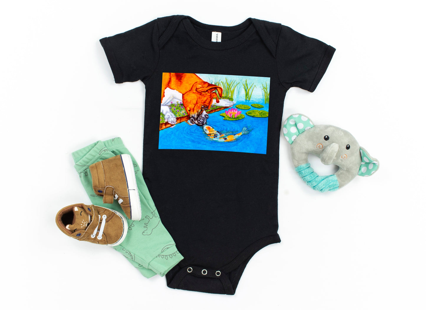 Boxer Puppy and Koi Kiss Baby Short Sleeve One Piece Baby One-Pieces Indie Darling Design