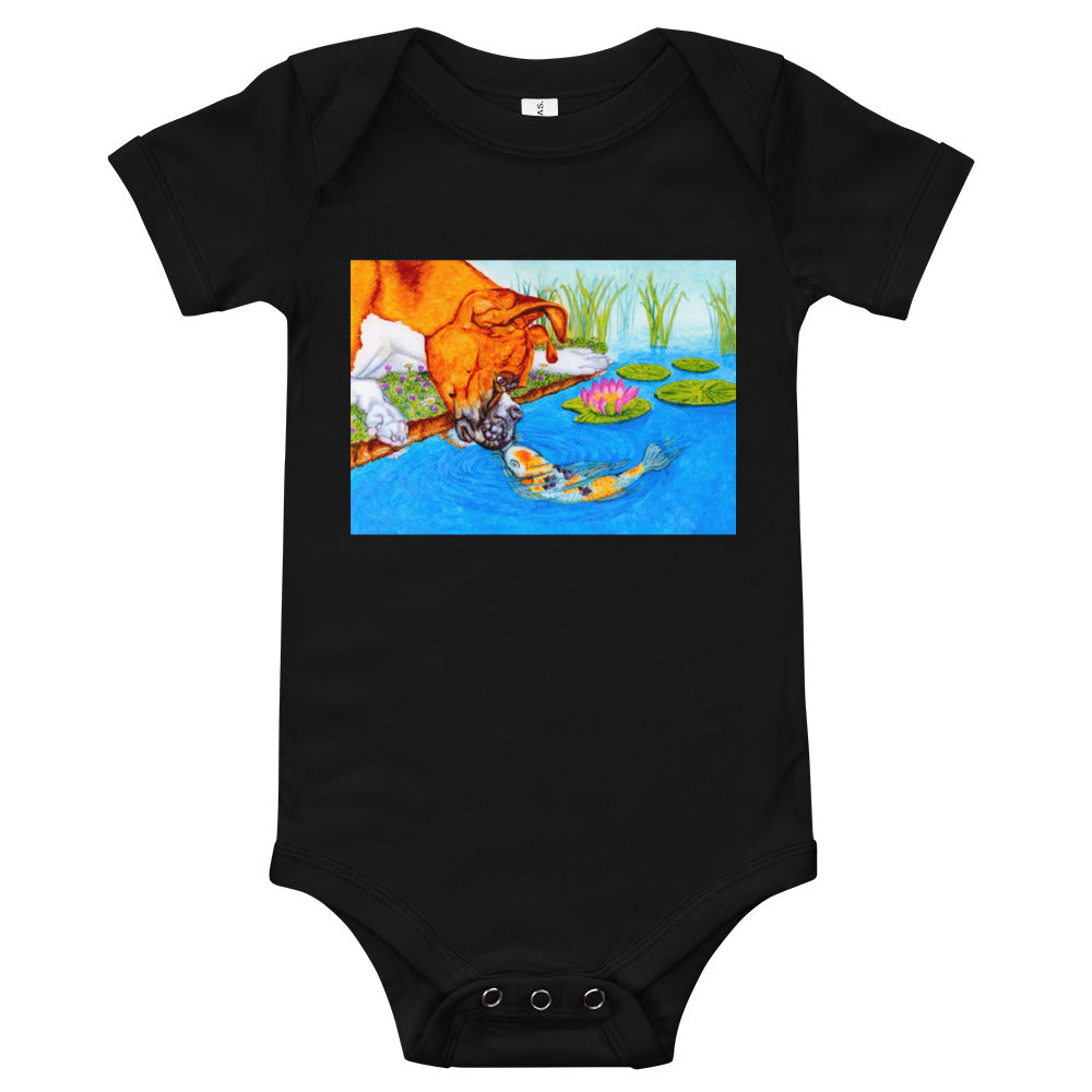 Boxer Puppy and Koi Kiss Baby Short Sleeve One Piece Baby One-Pieces Indie Darling Design Black 3-6m