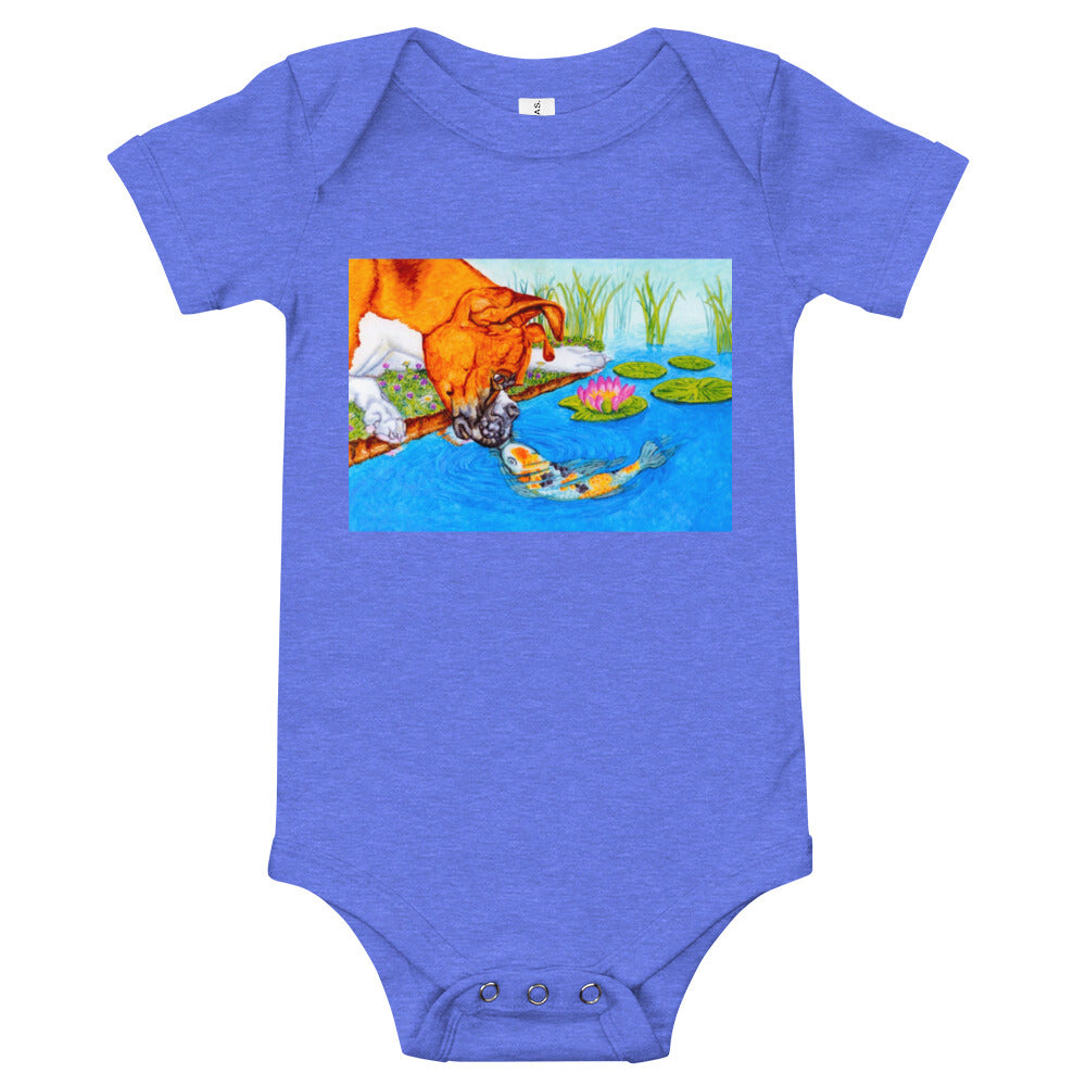 Boxer Puppy and Koi Kiss Baby Short Sleeve One Piece Baby One-Pieces Indie Darling Design Heather Columbia Blue 3-6m