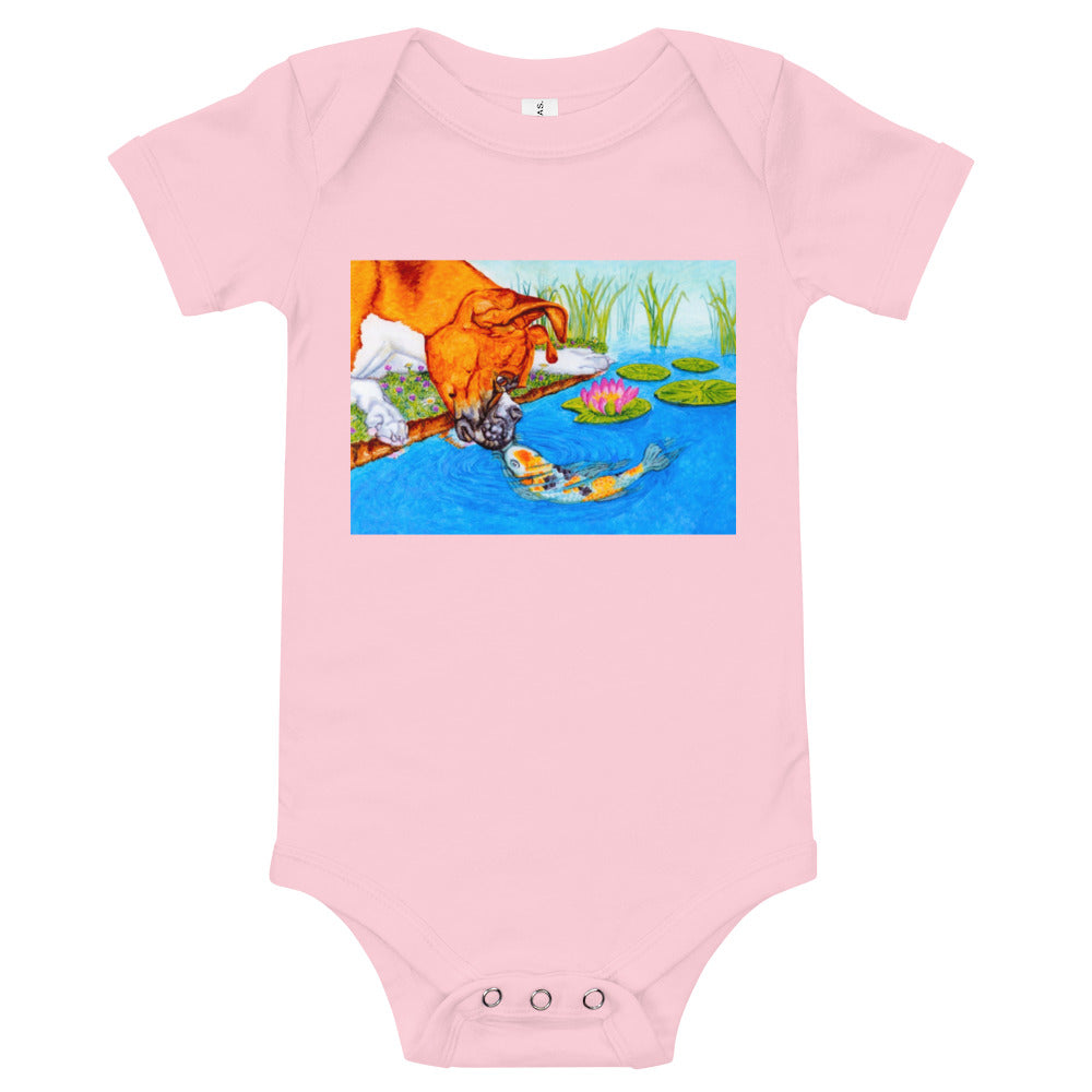 Boxer Puppy and Koi Kiss Baby Short Sleeve One Piece Baby One-Pieces Indie Darling Design Pink 3-6m