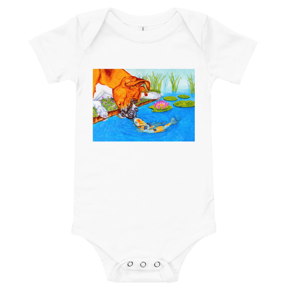 Boxer Puppy and Koi Kiss Baby Short Sleeve One Piece Baby One-Pieces Indie Darling Design White 3-6m