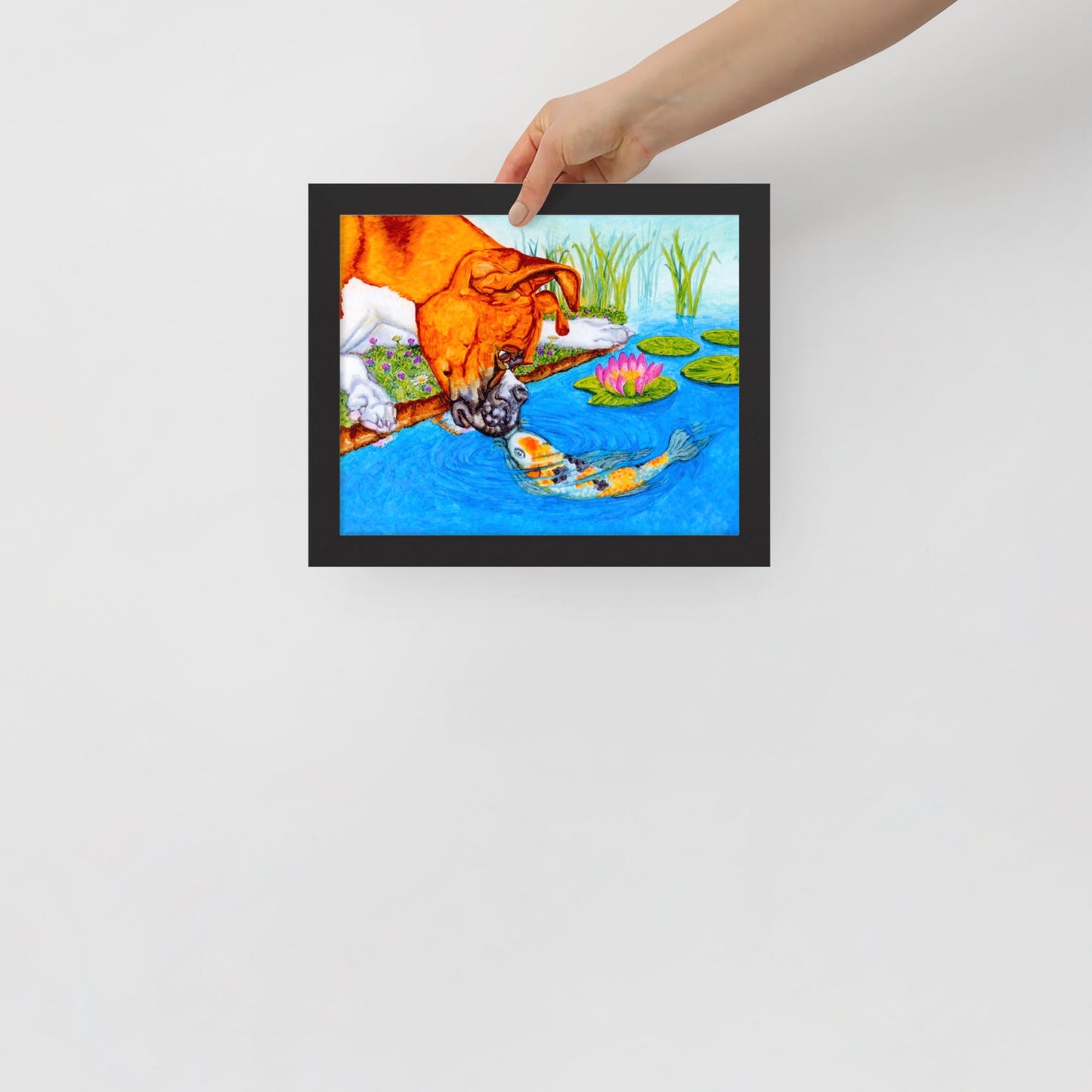Boxer Puppy and Koi Kiss Framed Poster Posters, Prints, & Visual Artwork Indie Darling Design