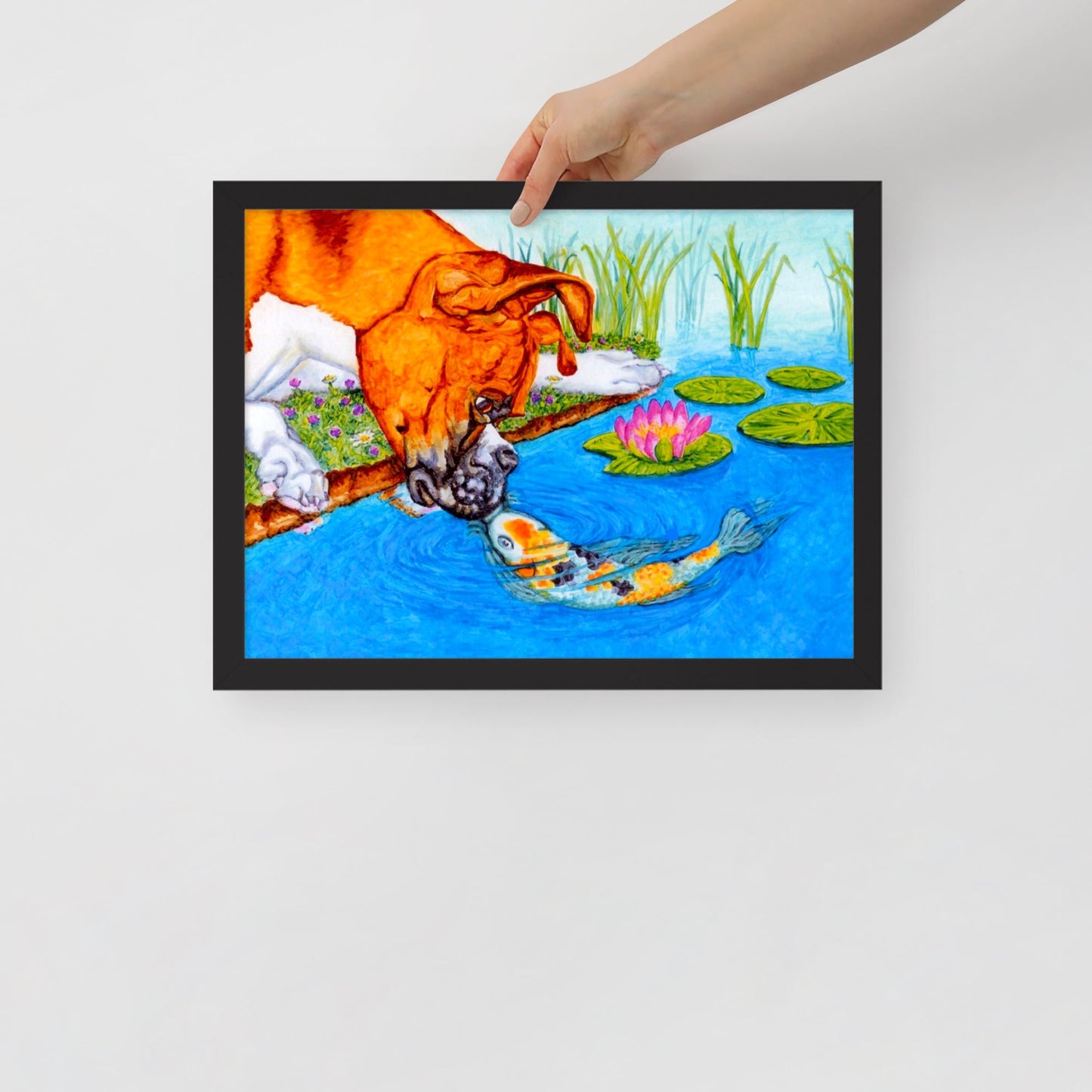 Boxer Puppy and Koi Kiss Framed Poster Posters, Prints, & Visual Artwork Indie Darling Design