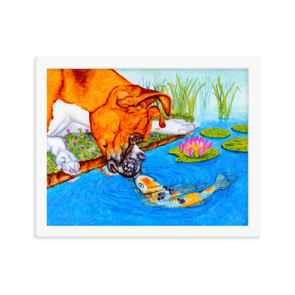 Boxer Puppy and Koi Kiss Framed Poster Posters, Prints, & Visual Artwork Indie Darling Design