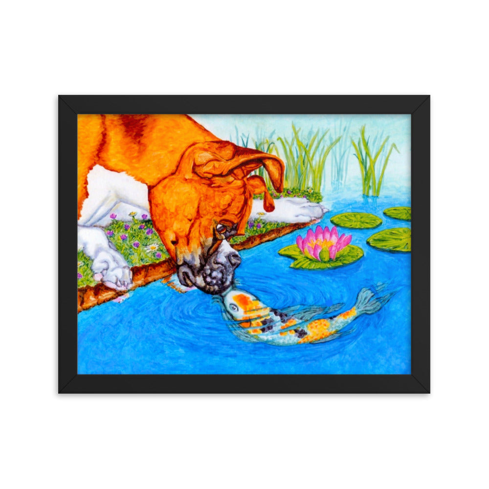 Boxer Puppy and Koi Kiss Framed Poster Posters, Prints, & Visual Artwork Indie Darling Design