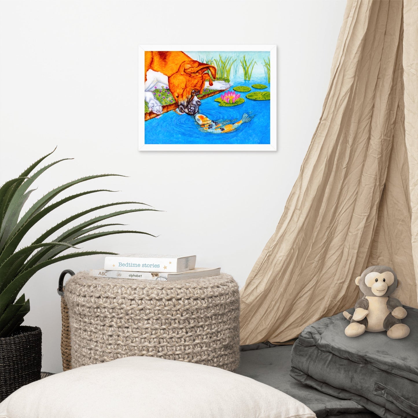 Boxer Puppy and Koi Kiss Framed Poster Posters, Prints, & Visual Artwork Indie Darling Design