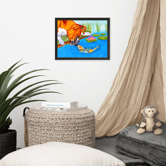 Boxer Puppy and Koi Kiss Framed Poster Posters, Prints, & Visual Artwork Indie Darling Design