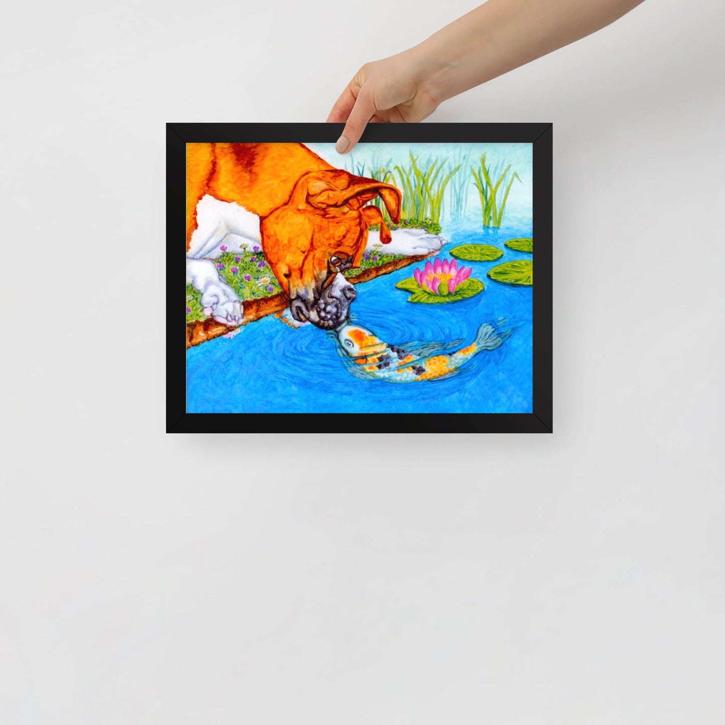 Boxer Puppy and Koi Kiss Framed Poster Posters, Prints, & Visual Artwork Indie Darling Design