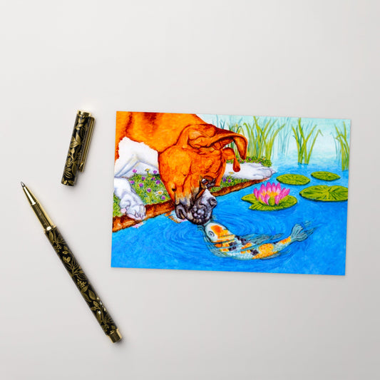 Boxer Puppy and Koi Kiss Illustrated Flat Card Greeting & Note Cards Indie Darling Design