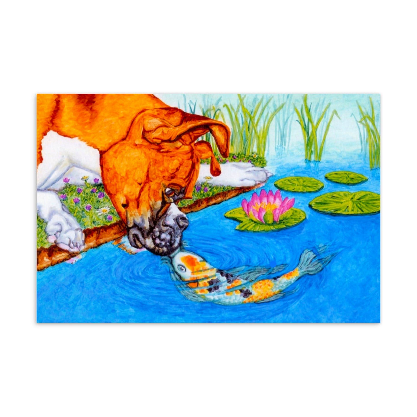 Boxer Puppy and Koi Kiss Illustrated Flat Card Greeting & Note Cards Indie Darling Design