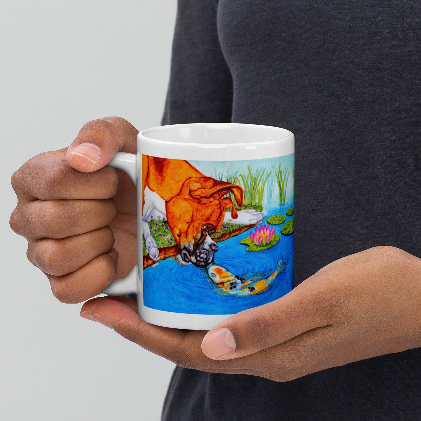 Boxer Puppy and Koi Kiss on White Glossy Mug Mugs Indie Darling Design