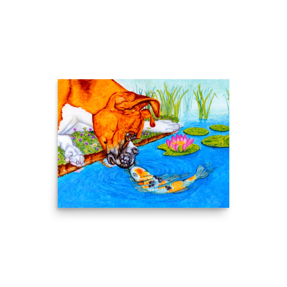 Boxer Puppy and Koi Kiss Poster Print without Frame Posters, Prints, & Visual Artwork Indie Darling Design