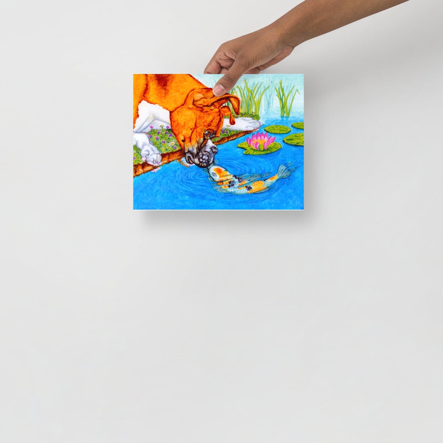 Boxer Puppy and Koi Kiss Poster Print without Frame Posters, Prints, & Visual Artwork Indie Darling Design