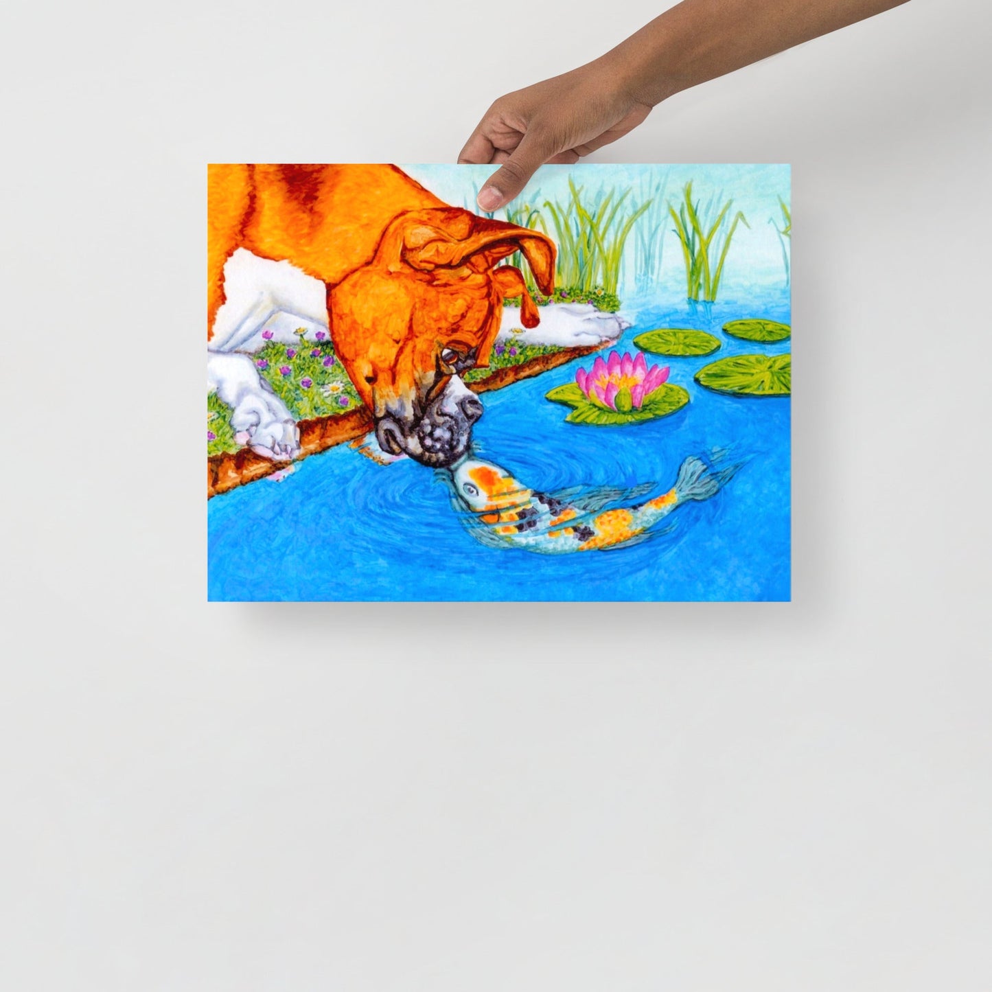 Boxer Puppy and Koi Kiss Poster Print without Frame Posters, Prints, & Visual Artwork Indie Darling Design