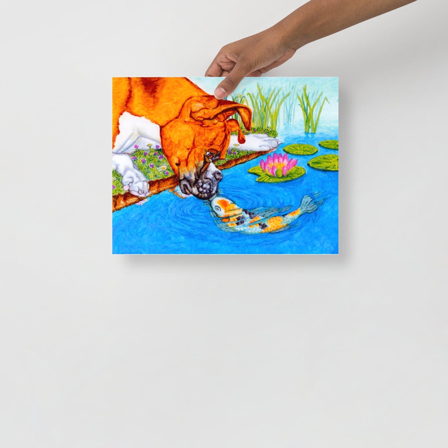 Boxer Puppy and Koi Kiss Poster Print without Frame Posters, Prints, & Visual Artwork Indie Darling Design