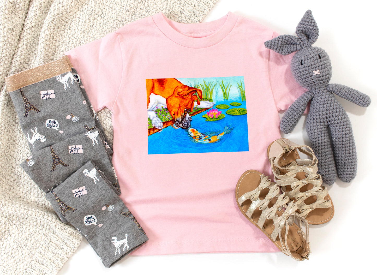 Boxer Puppy and Koi Kiss Toddler Short Sleeve Tee T-shirt Indie Darling Design