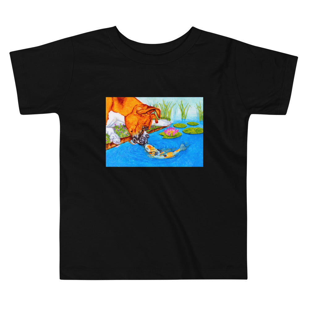 Boxer Puppy and Koi Kiss Toddler Short Sleeve Tee T-shirt Indie Darling Design Black 2T