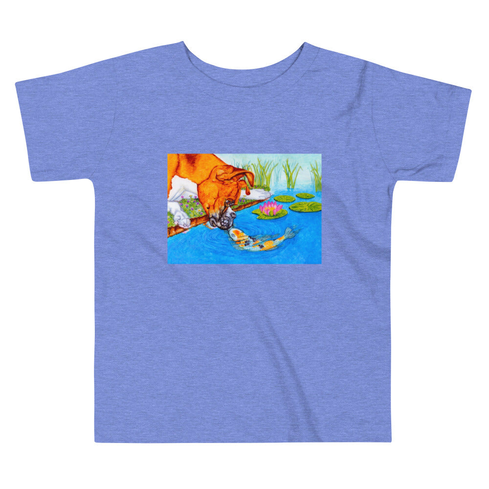 Boxer Puppy and Koi Kiss Toddler Short Sleeve Tee T-shirt Indie Darling Design Heather Columbia Blue 2T