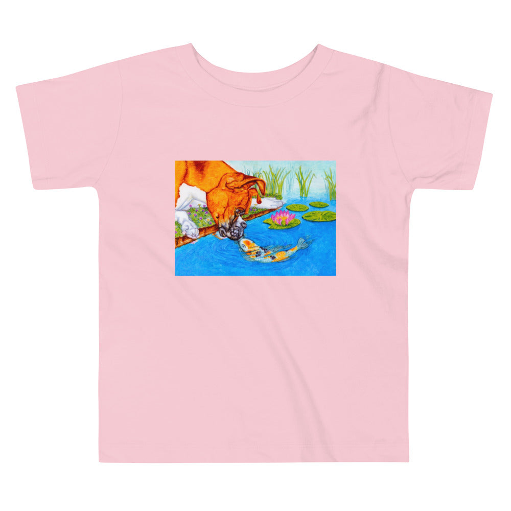 Boxer Puppy and Koi Kiss Toddler Short Sleeve Tee T-shirt Indie Darling Design Pink 2T