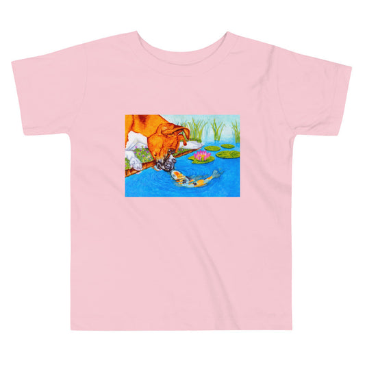 Boxer Puppy and Koi Kiss Toddler Short Sleeve Tee T-shirt Indie Darling Design Pink 2T