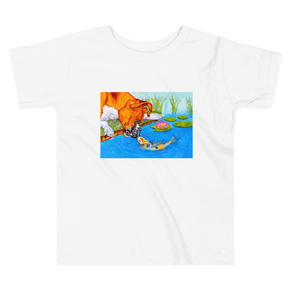 Boxer Puppy and Koi Kiss Toddler Short Sleeve Tee T-shirt Indie Darling Design White 2T