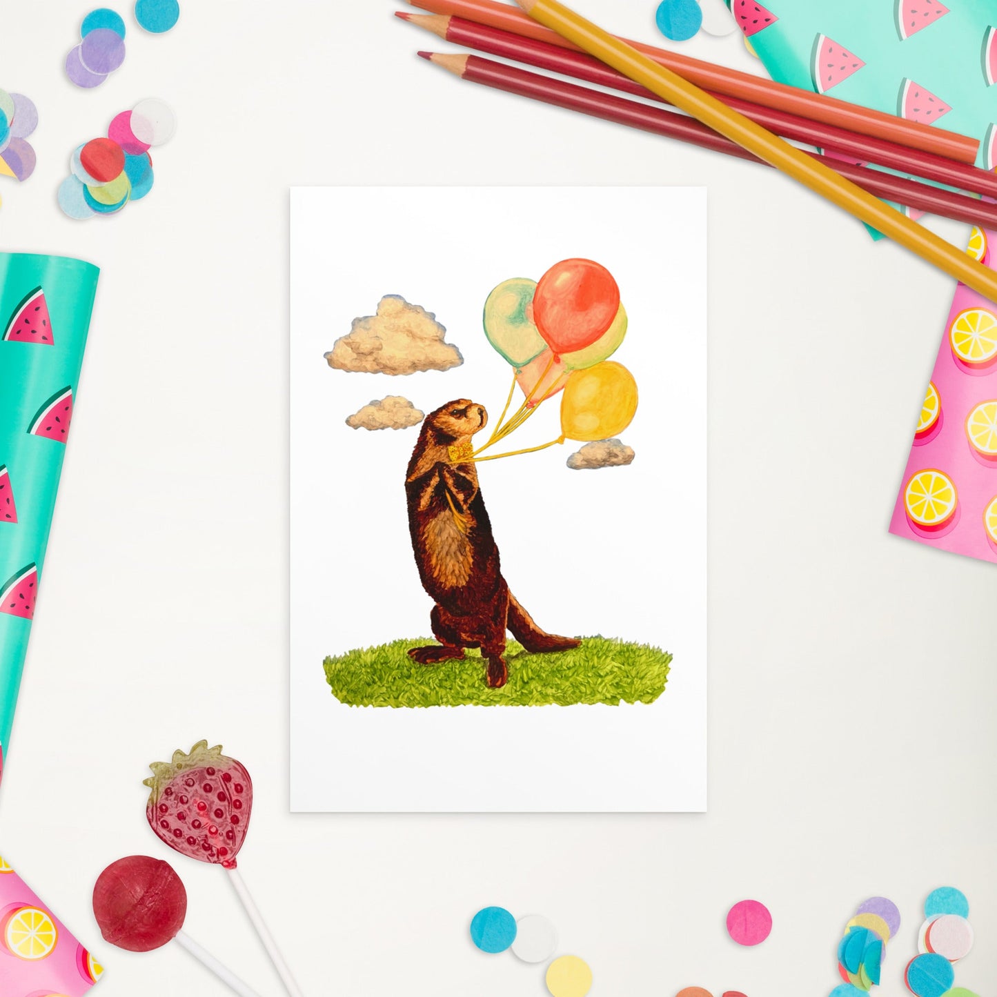 Otter and Balloons Illustrated Flat Card Posters, Prints, & Visual Artwork Indie Darling Design