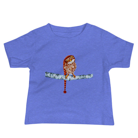 Owl in Stocking Cap Baby Jersey Short Sleeve Tee T-shirt Indie Darling Design Heather Columbia Blue 6-12m