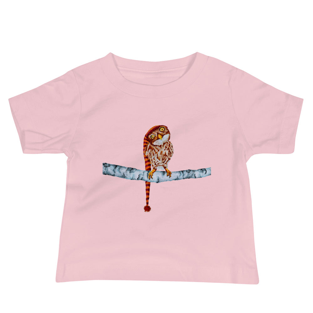 Owl in Stocking Cap Baby Jersey Short Sleeve Tee T-shirt Indie Darling Design Pink 6-12m