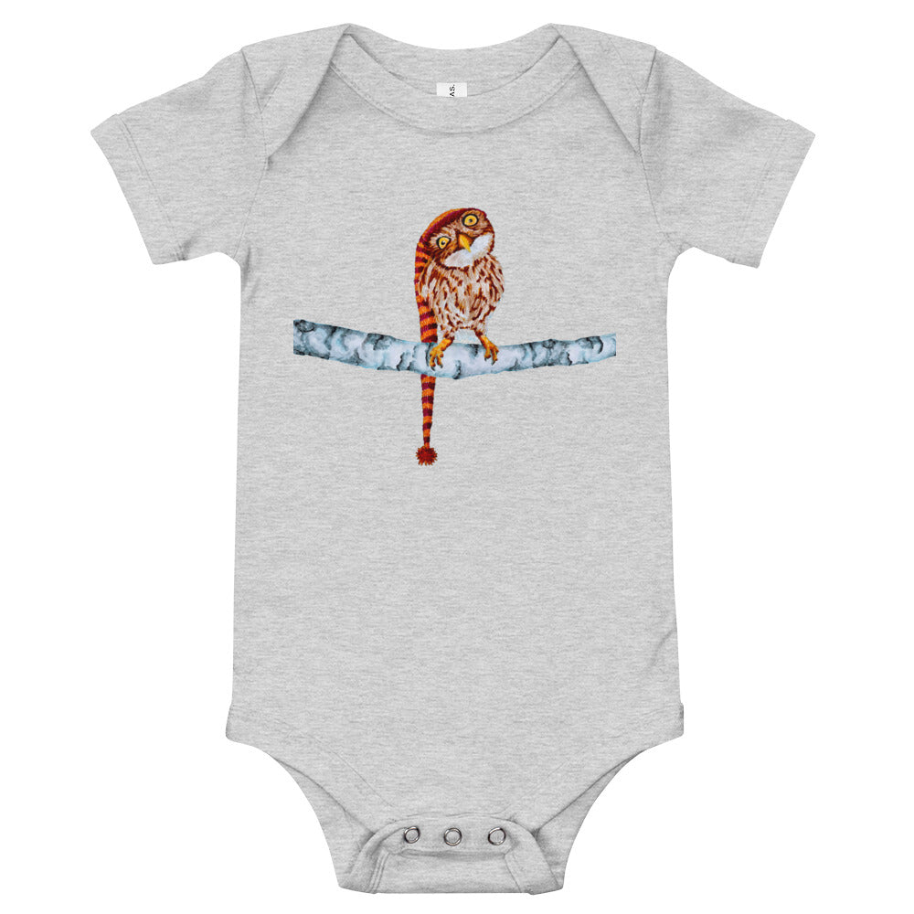 Owl in Stocking Cap Baby Short Sleeve One Piece Baby One-Pieces Indie Darling Design Athletic Heather 3-6m