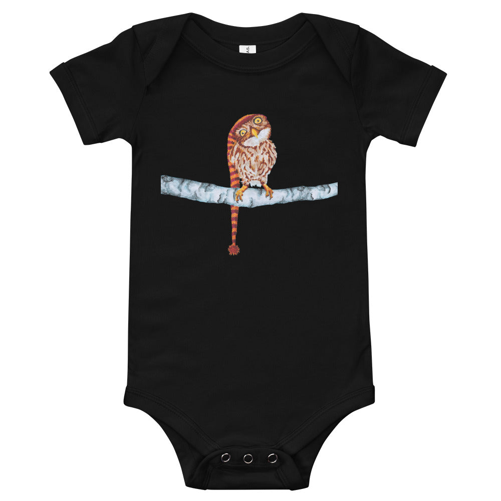 Owl in Stocking Cap Baby Short Sleeve One Piece Baby One-Pieces Indie Darling Design Black 3-6m