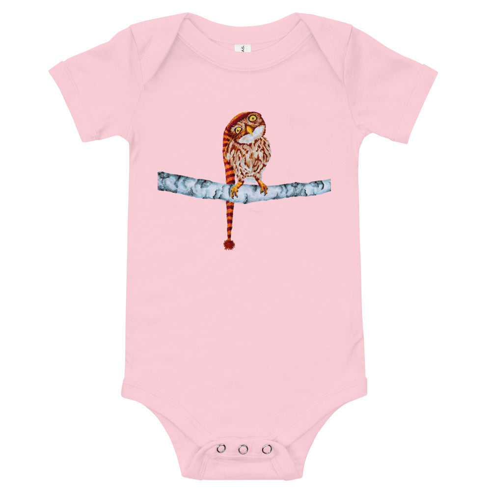 Owl in Stocking Cap Baby Short Sleeve One Piece Baby One-Pieces Indie Darling Design Pink 3-6m