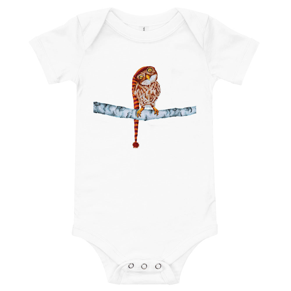 Owl in Stocking Cap Baby Short Sleeve One Piece Baby One-Pieces Indie Darling Design White 3-6m