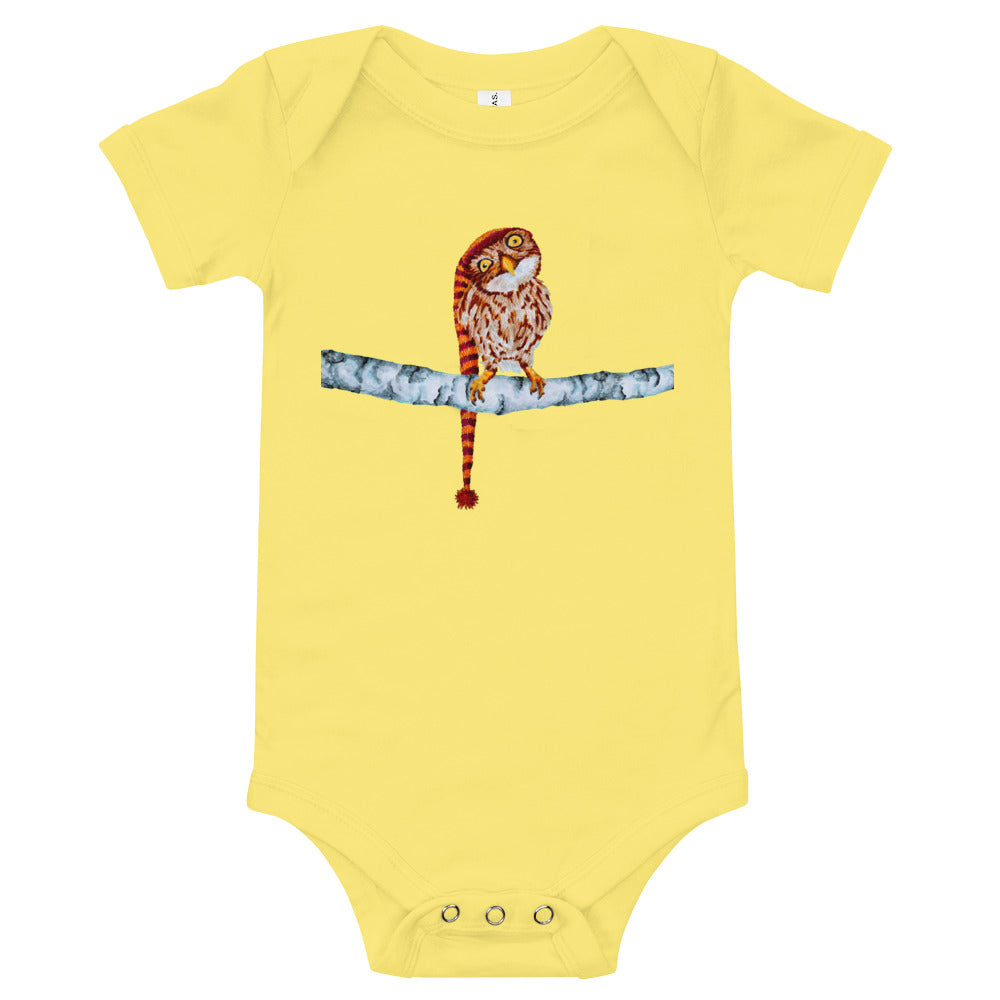 Owl in Stocking Cap Baby Short Sleeve One Piece Baby One-Pieces Indie Darling Design Yellow 3-6m