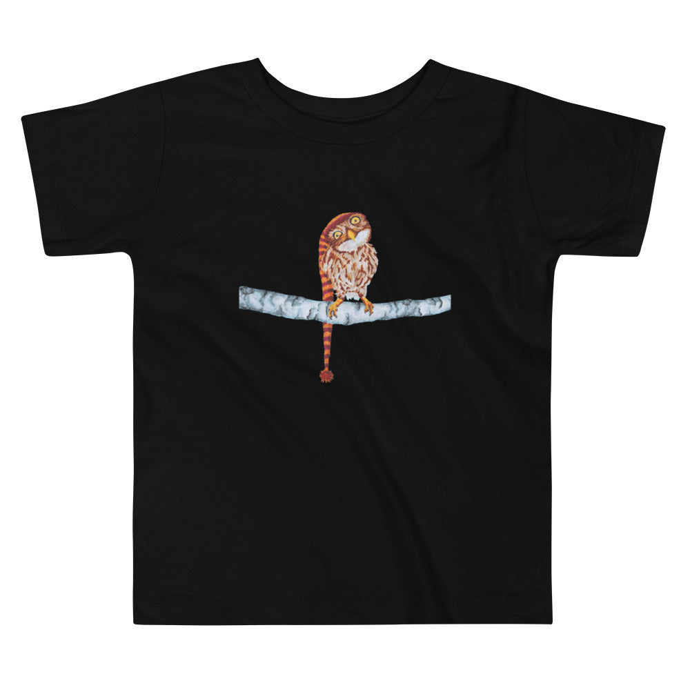 Owl in Stocking Cap Toddler Short Sleeve Tee Indie Darling Design Black 2T