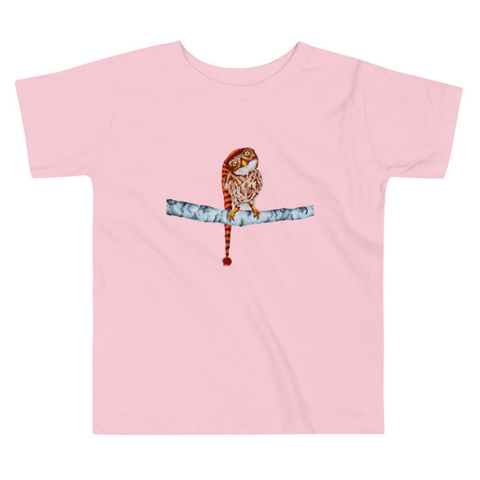 Owl in Stocking Cap Toddler Short Sleeve Tee Indie Darling Design Pink 2T