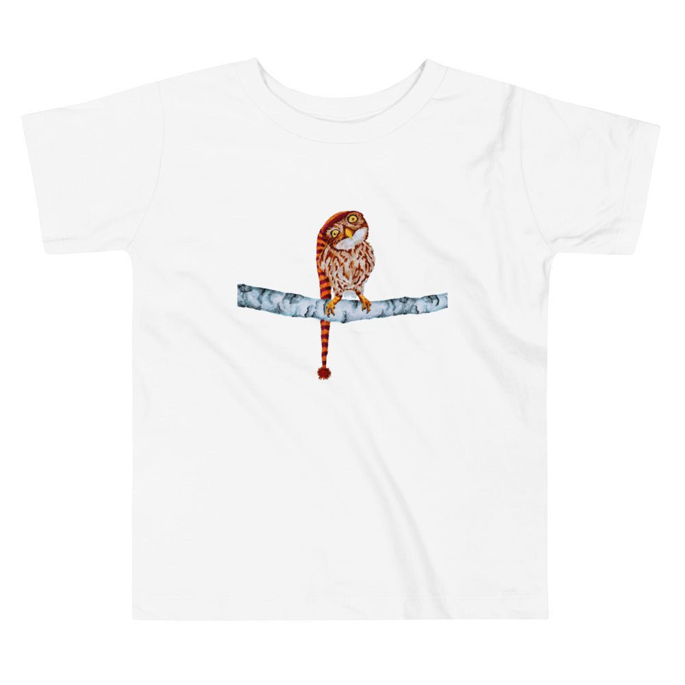 Owl in Stocking Cap Toddler Short Sleeve Tee Indie Darling Design White 2T