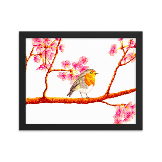 Robin and Cherry Blossoms Framed Poster Posters, Prints, & Visual Artwork Indie Darling Design