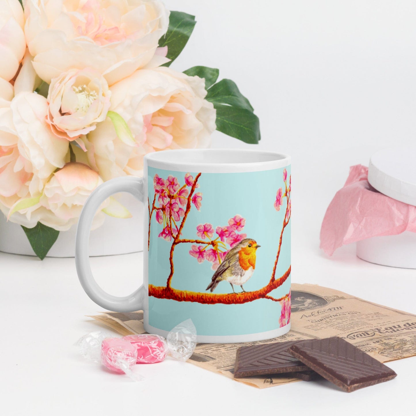 Robin and Cherry Blossoms Glossy Mug Mugs Indie Darling Design 11oz