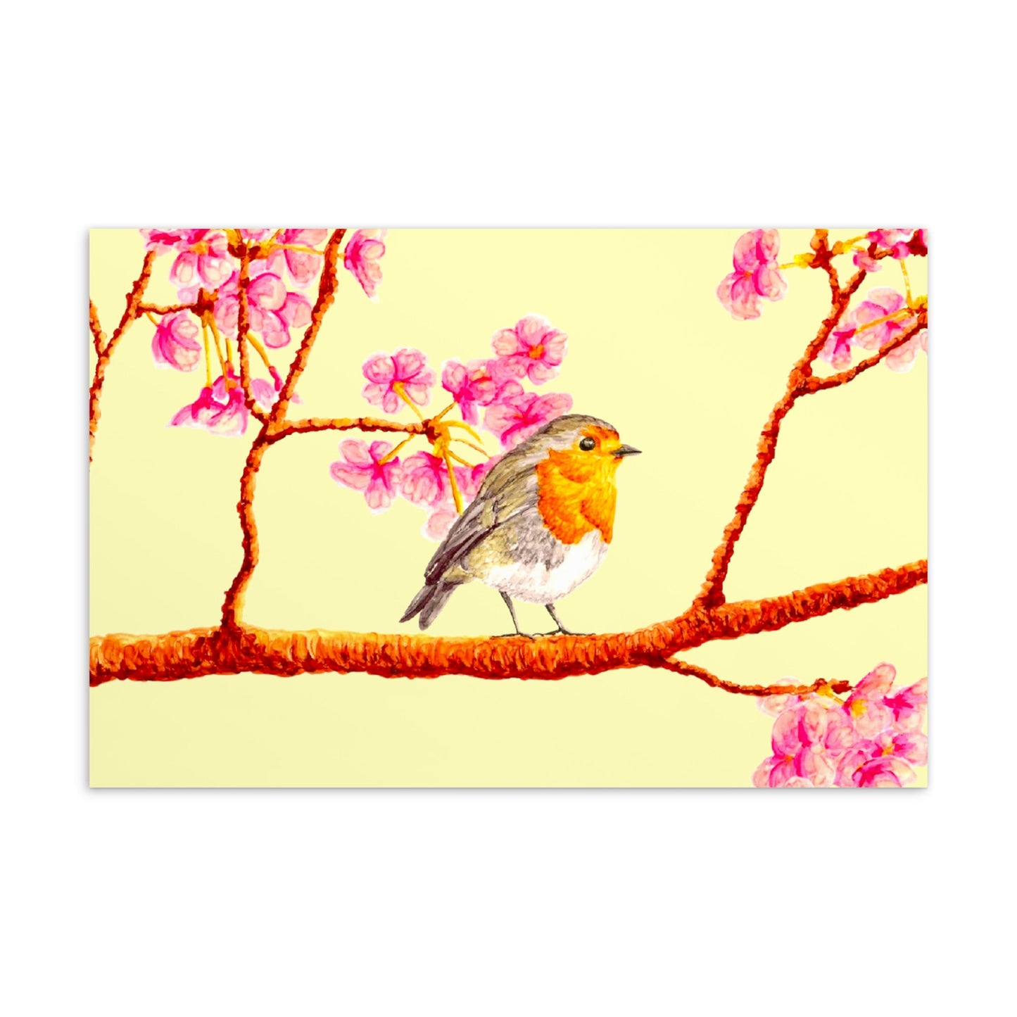 Robin and Cherry Blossoms Illustrated Flat Card Greeting & Note Cards Indie Darling Design