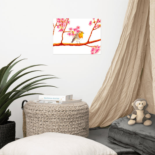 Robin and Cherry Blossoms Poster Print without Frame Posters, Prints, & Visual Artwork Indie Darling Design